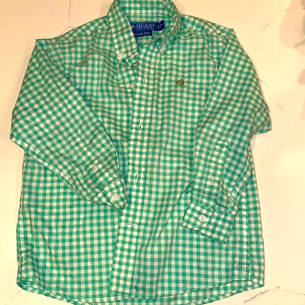 J Bailey green, and white checked button-down shirt